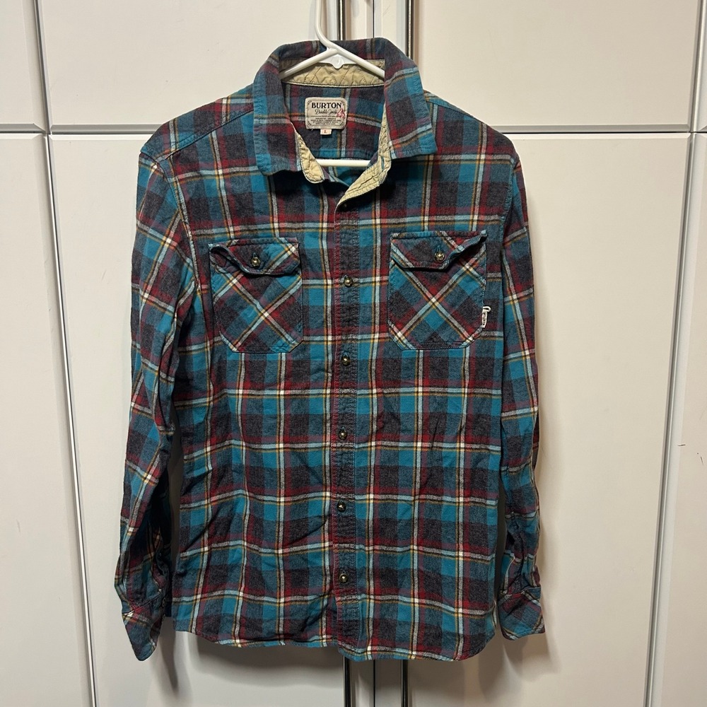 Burton Durable Goods Mens Blue Red Plaid Flannel Button Down Shirt Large L